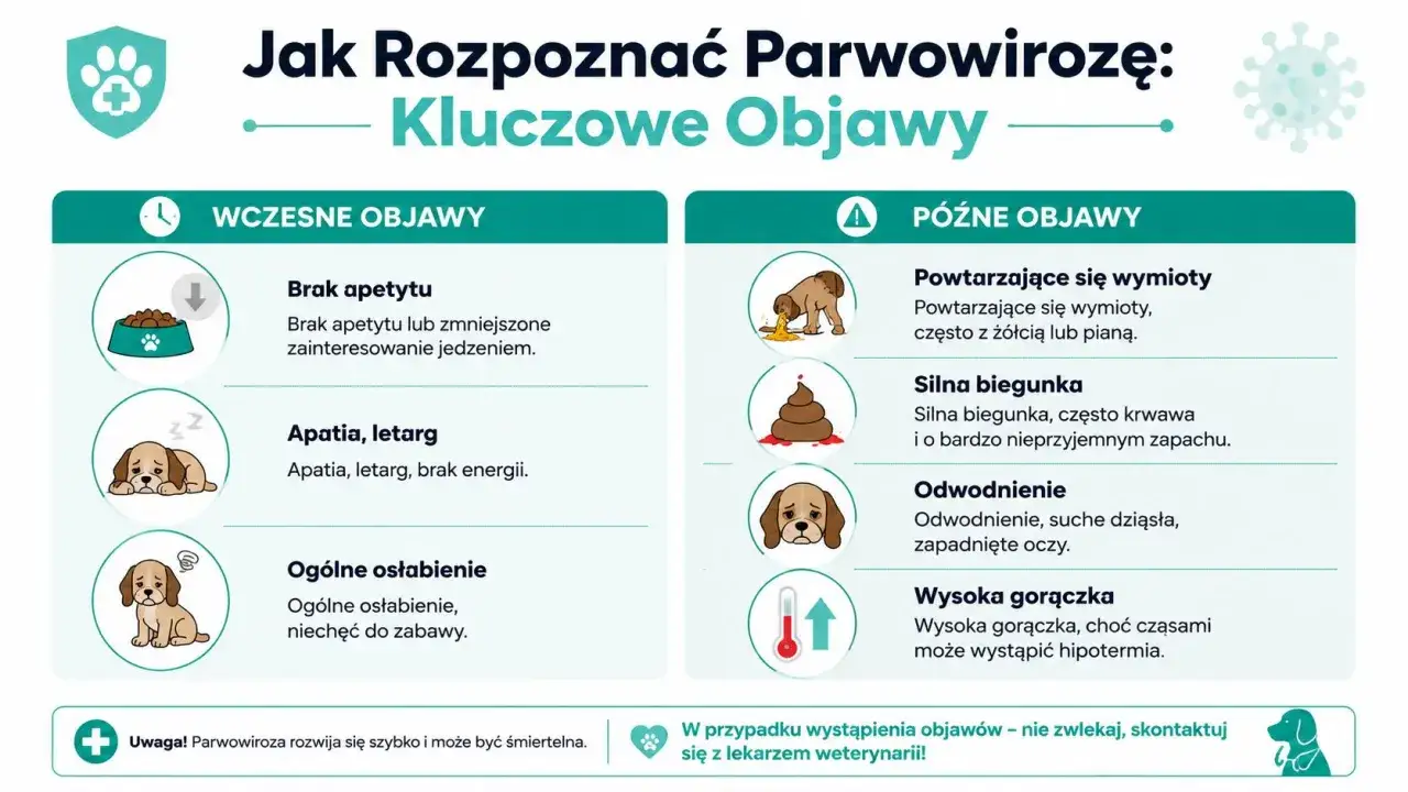 Wczesne i późne objawy parwowirozy u psów: brak apetytu, apatia, wymioty, biegunka, odwodnienie, gorączka.