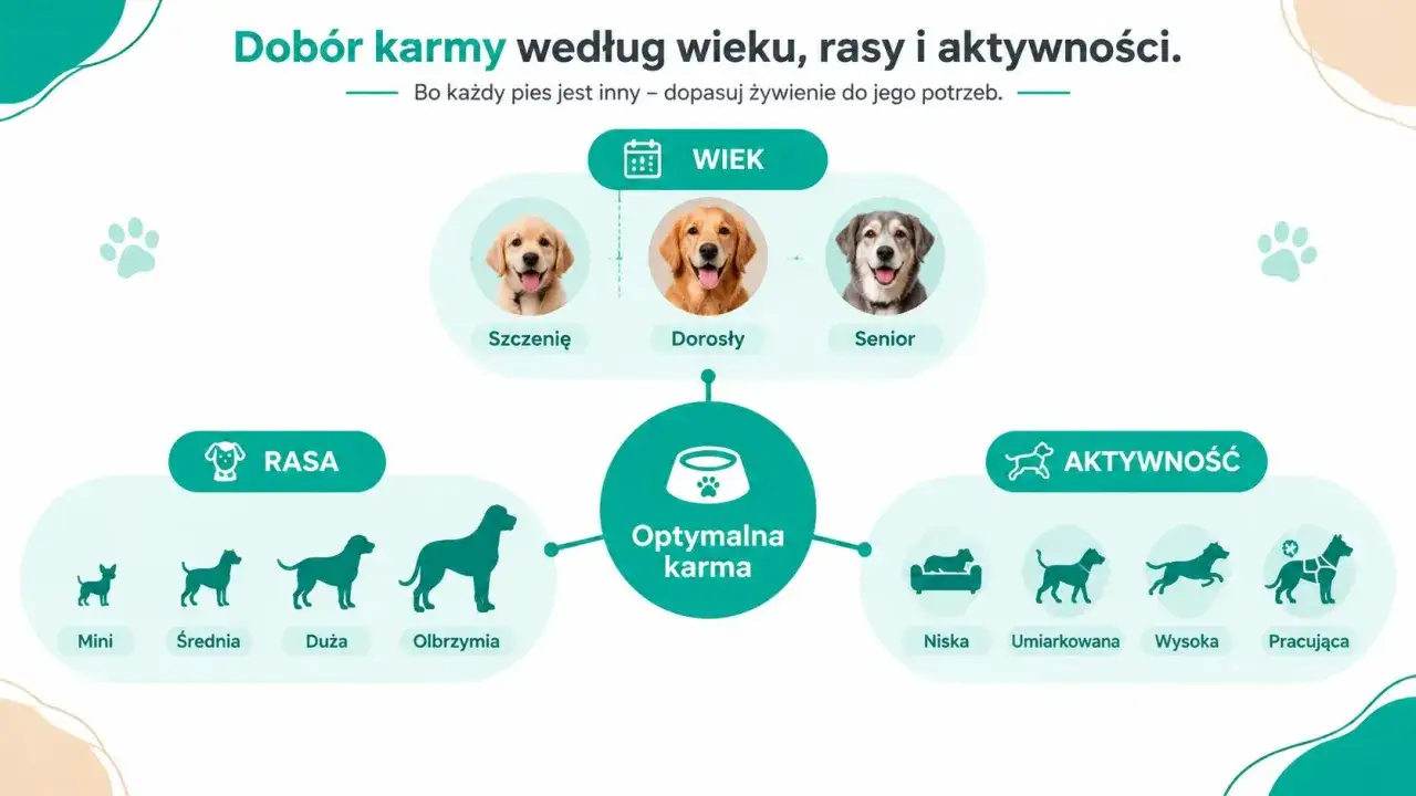 Diagram przedstawiający dobór karmy dla psa według wieku (szczenię, dorosły, senior), rasy (mini, średnia, duża, olbrzymia) i aktywności (niska, umiarkowana, wysoka, pracująca).