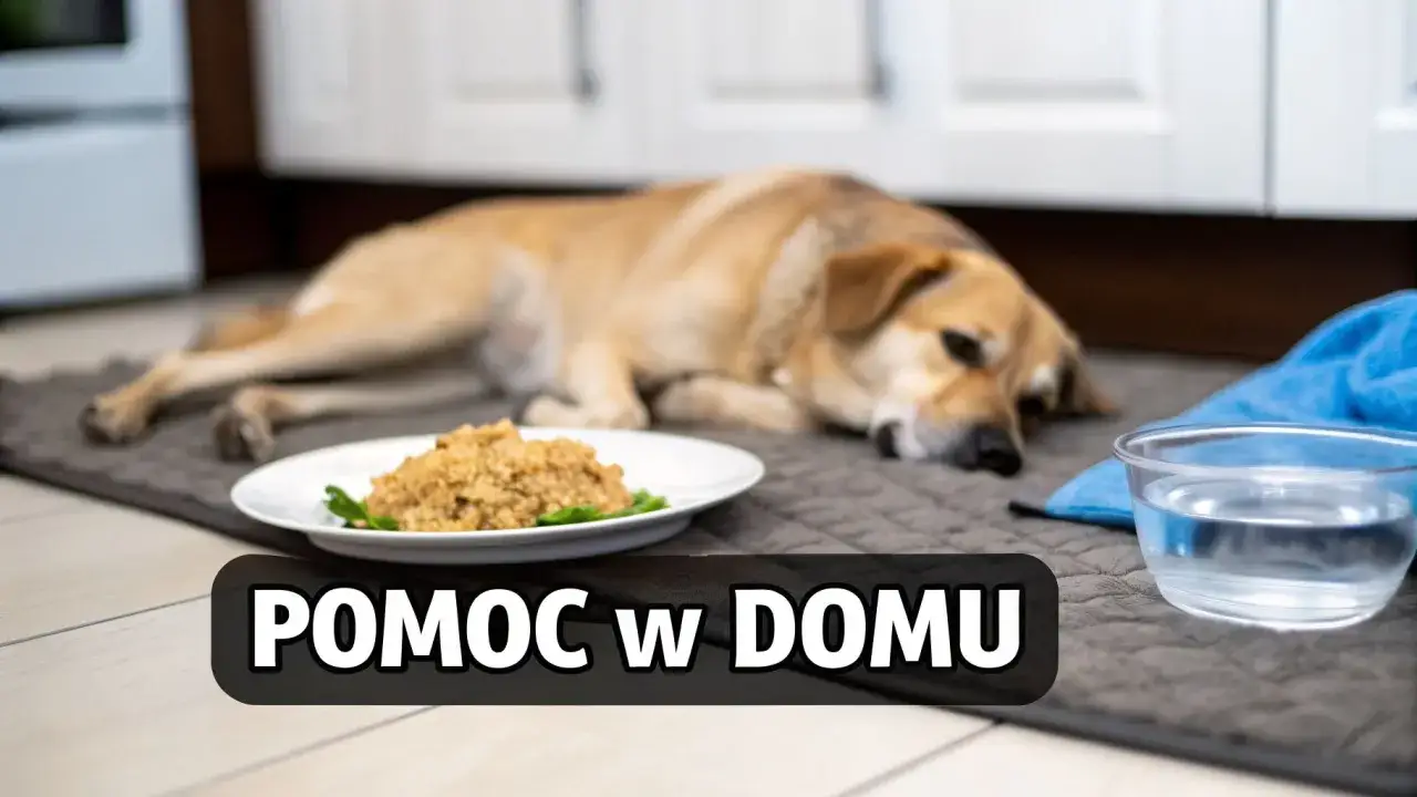 Zmęczony pies leży obok miski z wodą i talerza z jedzeniem. Rozwolnienie u psa domowe sposoby.