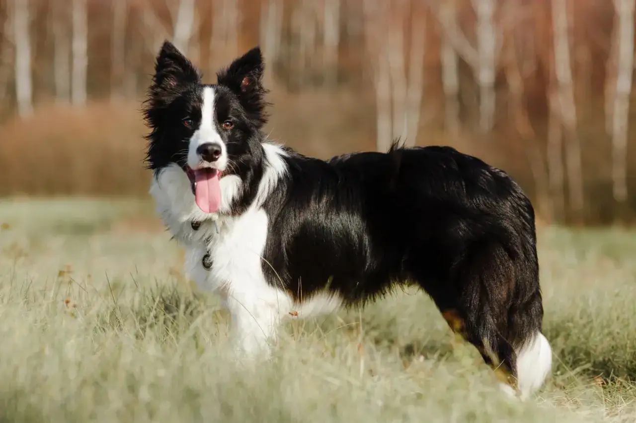 Czarny i biały owczarek border collie z językiem na wierzchu stoi na trawie, gotowy do zabawy.