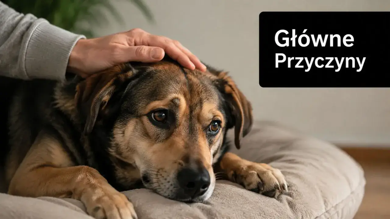 Smutny piesek, któremu właściciel głaszcze głowę. Może potrzebuje smecta dla psa na problemy żołądkowe?