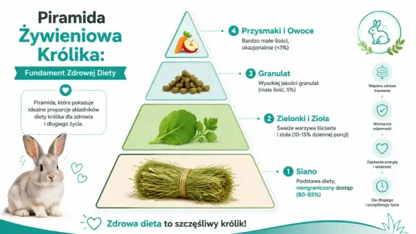 Piramida żywieniowa królika: Siano to podstawa, zielonki i zioła, granulat, a okazjonalnie jabłko i inne owoce.