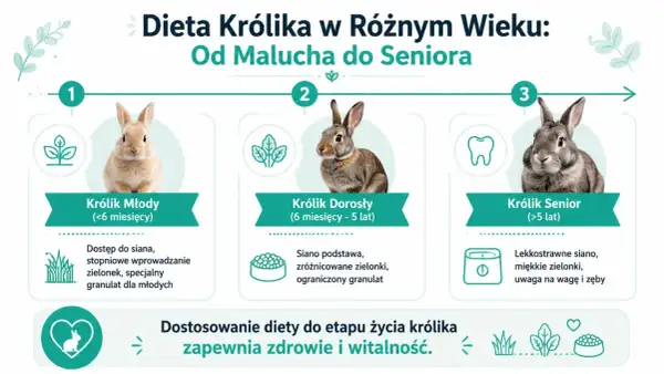 Trzy króliki: młody, dorosły i senior, z opisami ich diet.