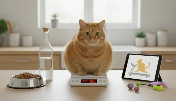 Gruby rudy kot siedzi na wadze, obok miska z karmą, butelka wody i tablet z animacją kota na bieżni.