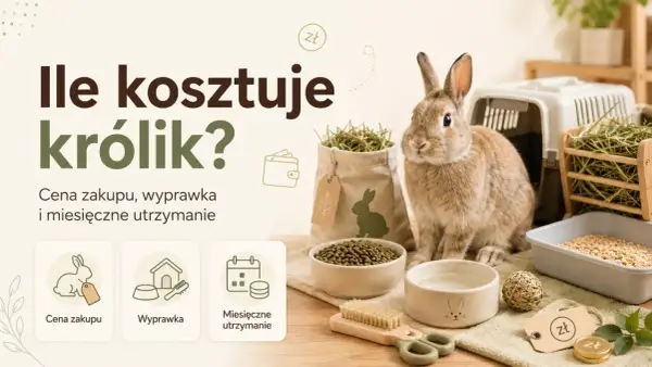 Ile kosztuje królik? Obraz przedstawia słodkiego królika otoczonego akcesoriami do jego pielęgnacji, sugerując koszty zakupu, wyprawki i utrzymania.