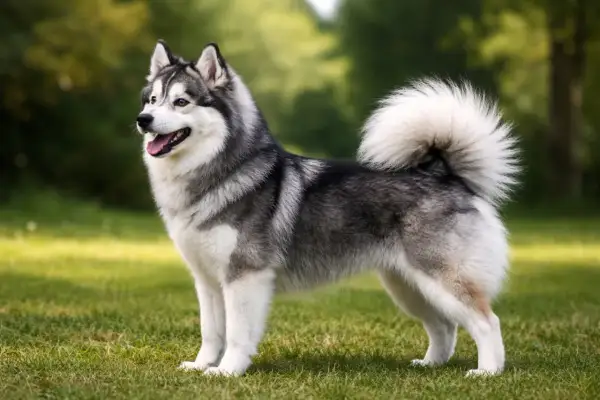 Pomsky z puszystym ogonem stoi na trawie.