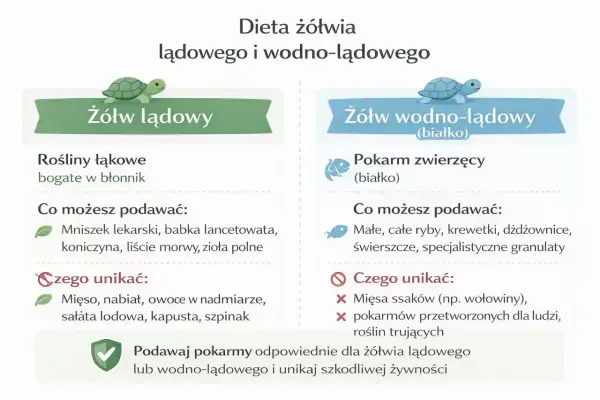 Ilustracja porównująca dietę żółwia lądowego i wodno-lądowego, z listami dozwolonych i zakazanych pokarmów.