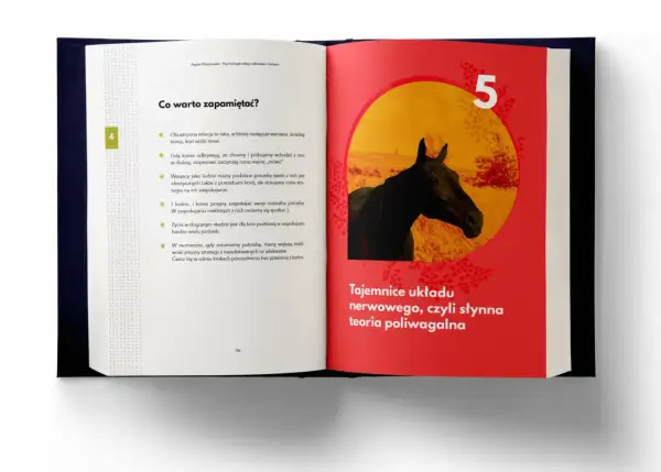 Czarna głowa konia na tle czerwonej strony książki z żółtym okręgiem i liczbą 5.