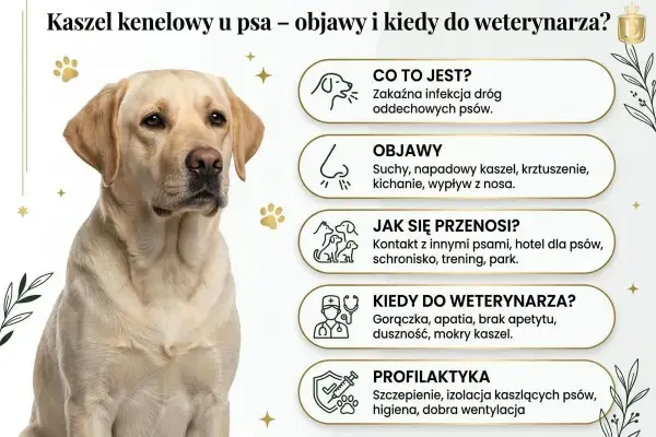 Labrador z objawami kaszlu kenelowego u psa. Informacje o przyczynach, objawach, przenoszeniu, kiedy do weterynarza i profilaktyce.