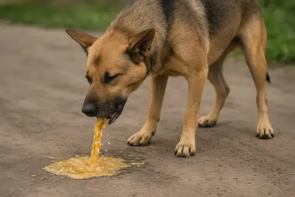 Pies wymiotuje niestrawionym jedzeniem na ziemi.
