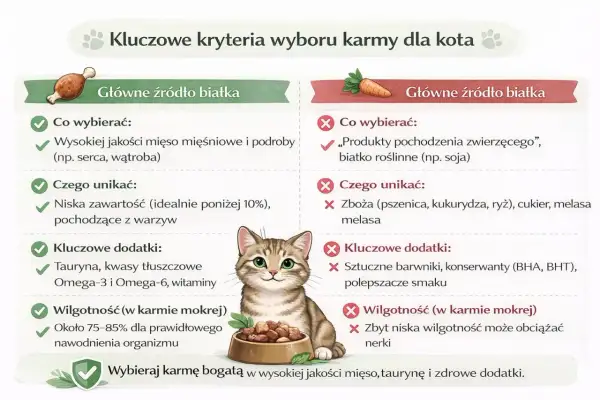 Koty potrzebują karmy bogatej w białko zwierzęce. Unikaj zbóż i sztucznych dodatków. Wybieraj mokrą karmę dla lepszego nawodnienia.
