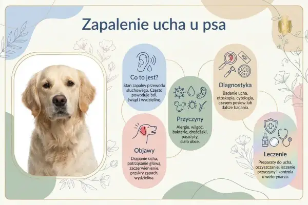 Golden retriever z zapaleniem ucha. Infografika opisuje objawy, przyczyny, diagnostykę i leczenie zapalenia ucha u psa.